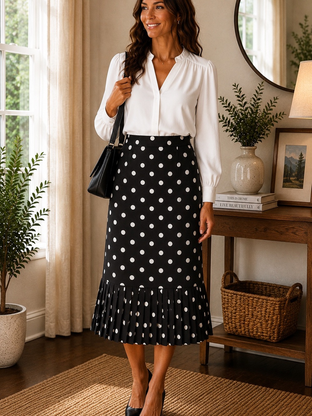 Tulip B Polka Dot Midi Skirt with Pleated Hem - Black/White Vintage Inspired